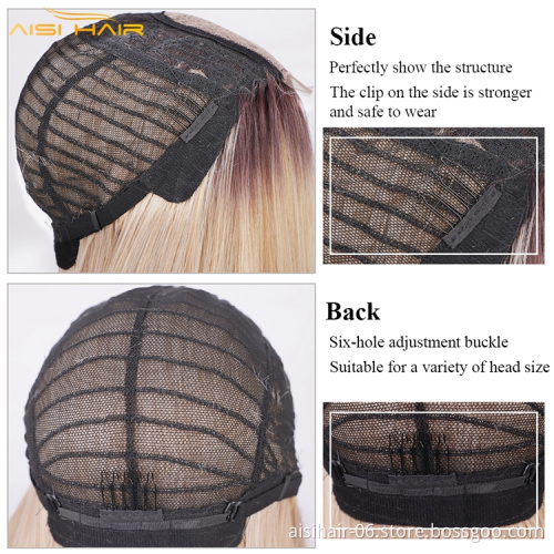 Aisi Hair 14 Inch High Quality Synthetic Highlight Lace Wig Ombre Blonde Lace Front Synthetic Hair Bob Wigs For Black Women